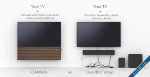 تلفاز Canvas HiFi S99H OLED بساوند بار مدمج خلف واجهة خشبية أنيقة